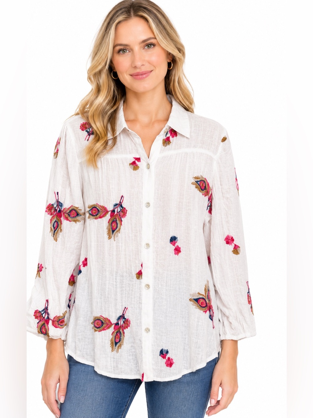Embroidered White Button-Front  Blouse Top Roll Tab Sleeves Lightweight M